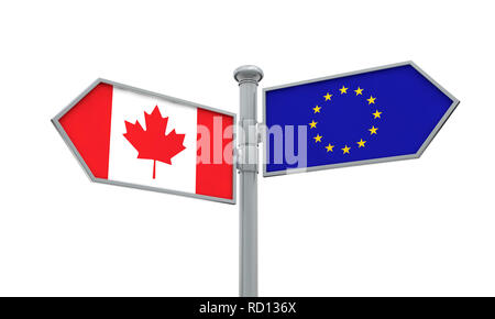 Canada e Unione europea guidepost. Muovendosi in direzioni diverse. Il rendering 3D Foto Stock