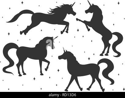 Disegnata a mano vector cartoon silhouettes unicorn set isolato su sfondo bianco. Creature magiche con le stelle. Illustrazione Vettoriale