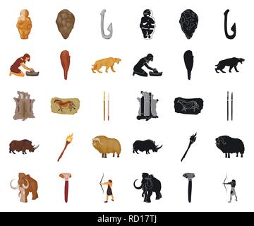 L'età,antica,animale,antichità,freccia,ax,inizio,osso,bow,campfire,cartoon,Black,caveman,cavewoman,raccolta,cultura, design,sviluppo,epoch,fauna,pesce,mola,nascondi,gancio,l'umanità,icona,immagine,isolato,vita,logo,l'uomo,muskox,Pittura,Persone,periodo,rinoceronte,saber-dentata,impostare,segno,spears,pietra,sopravvivenza,il simbolo,tiger,attrezzo,Torcia,sfollagente,vettore,Venere,web,mammut lanosi vettori vettore , Illustrazione Vettoriale
