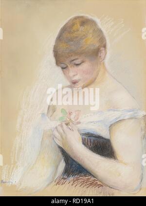 Giovane donna tenendo un fiore. Ritratto dell'attrice Jeanne Samary. Museo: Collezione privata. Autore: Renoir, Pierre-Auguste. Foto Stock