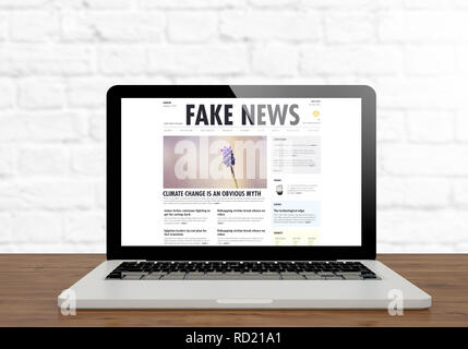 3D rendering di false notizie schermata del sito web sul computer portatile sul desktop Foto Stock