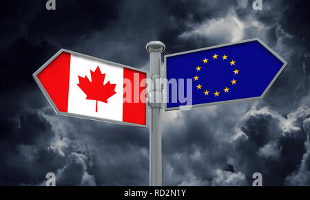 Canada e Unione europea guidepost. Muovendosi in direzioni diverse. Il rendering 3D Foto Stock