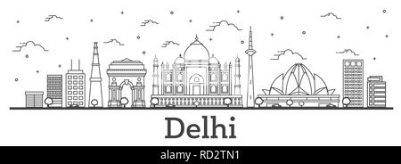 Delineare Delhi India skyline della città con edifici storici isolati su bianco. Illustrazione Vettoriale. Delhi Cityscape con punti di riferimento. Illustrazione Vettoriale