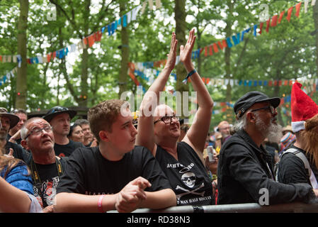 La folla a guardare una banda a barbuto teoria music festival Foto Stock