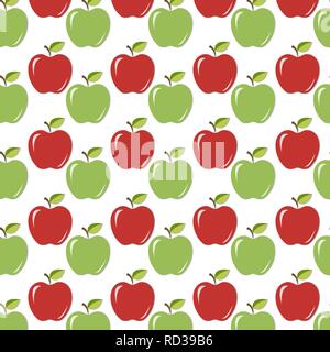 Seamless sfondo/texture con rosso e verde mela succosa con foglie e shadow. Illustrazione vettoriale EPS10. Illustrazione Vettoriale