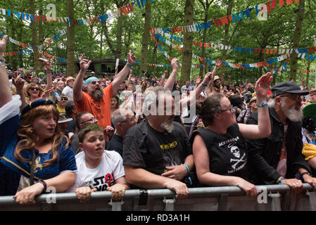 La folla a guardare una banda a barbuto teoria music festival Foto Stock