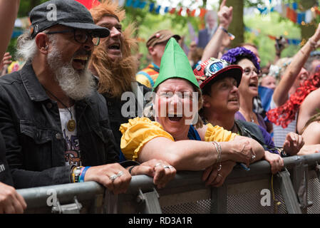 La folla a guardare una banda a barbuto teoria music festival Foto Stock