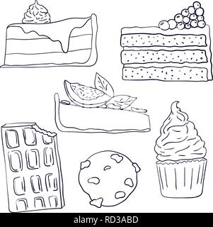 Disegnata a mano dolci fette imposta illustrazione vettoriale. Doodle illustrazione. Pezzi di torta, cioccolato, cokie e dolci in stile scarabocchio. Vector illustrat Illustrazione Vettoriale