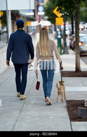 Giovani belle di moda giovane di un uomo e di una donna in grande forma sono a piedi con un cane lungo le strade di una città moderna, godendo la città landsc Foto Stock