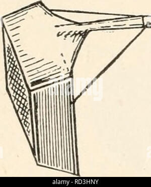 . Entomologia elementare. Gli insetti. FIG. 470. Sag net, gancio e spazzola per col- riflettenti in rapids (Dopo Needham) quando esso viene quindi sollevata e svuotato. Un setaccio acquatici net (Fig. 471). Questa rete è destinata a essere utilizzata in acqua stagnante o su fondi sabbiosi dove c'è ma scarsa vegetazione. Il telaio è costituito da un leggero tondino in acciaio, i lati di stagno pesante o ferro zincato, e un fondo di fine o in ottone zincato. FIG. 471. Un setaccio acquatici netto (dopo Needham) filo netting. Quando è provvisto di un manico lungo, questa rete può essere utilizzata da riva e è particolarmente consigliato per scavare le ninfe di aq Foto Stock