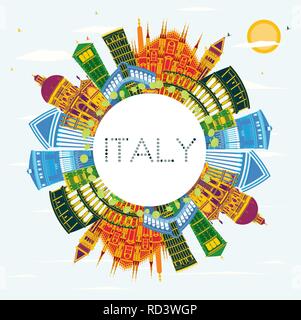 Italia skyline della città con i punti di riferimento di colore e copia di spazio. Illustrazione Vettoriale. Viaggi di affari e di turismo con il concetto di architettura storica. Illustrazione Vettoriale