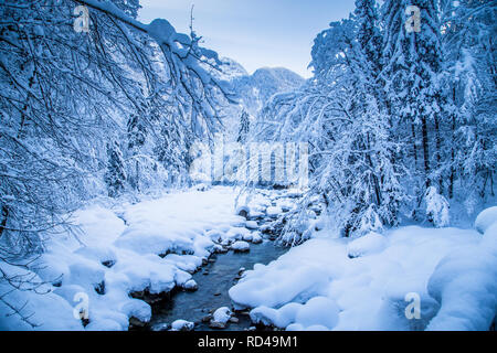 Scenic view of romantic winter wonderland with river bed and trees covered in deep snow on a beautiful cold sunny day Foto Stock