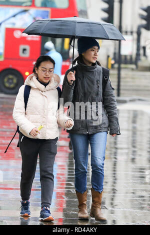 Londra, Regno Unito. 16 gennaio, 2019. Le donne sono viste si ripara dalla pioggia sotto un ombrello. Secondo il Met Office si prevedono temperature di congelamento per ultimo nel prossimo mese. Credito: Dinendra Haria/SOPA Immagini/ZUMA filo/Alamy Live News Foto Stock
