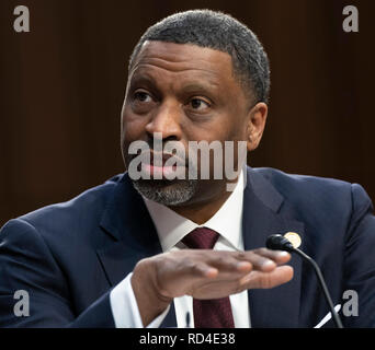 Derrick Johnson, Presidente e Chief Executive Officer NAACP partecipa a un'audizione di conferma di William Barr ad essere gli Stati Uniti Attorney General, audizione alla Commissione giudiziaria del Senato, 16 gennaio 2019, sul colle del Campidoglio di Washington DC. Credito: Chris Kleponis/CNP /MediaPunch Foto Stock