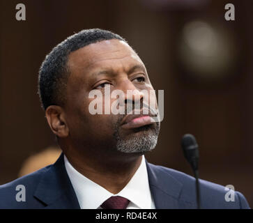 Derrick Johnson, Presidente e Chief Executive Officer NAACP partecipa a un'audizione di conferma di William Barr ad essere gli Stati Uniti Attorney General, audizione alla Commissione giudiziaria del Senato, 16 gennaio 2019, sul colle del Campidoglio di Washington DC. Credito: Chris Kleponis/CNP /MediaPunch Foto Stock