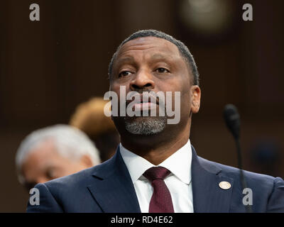 Derrick Johnson, Presidente e Chief Executive Officer NAACP partecipa a un'audizione di conferma di William Barr ad essere gli Stati Uniti Attorney General, audizione alla Commissione giudiziaria del Senato, 16 gennaio 2019, sul colle del Campidoglio di Washington DC. Credito: Chris Kleponis/CNP /MediaPunch Foto Stock