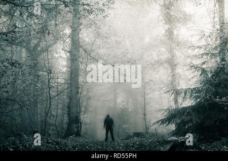 Un lone sfocato sinister incappucciati figura su un percorso in un buio, spooky foresta in inverno. Con un blu, grunge, granulose modifica. Foto Stock