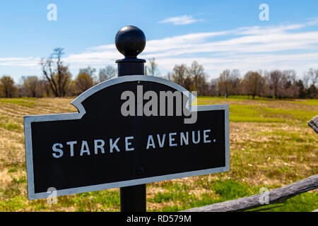 Sharpsburg, MD, Stati Uniti d'America - 10 Aprile 2016: La Starke Avenue segno sul campo di battaglia di Antietam. Foto Stock