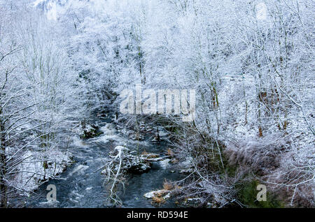 Fiume Bode fluente attraverso il bianco boschi innevati dalla città di thale ai piedi di montagne Harz in Germania centrale Foto Stock