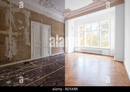 Concetto di restauro - stanza in appartamento prima e dopo i lavori di ristrutturazione. intonacata e pareti dipinte di bianco e porte in legno e pavimento in legno di quercia Foto Stock