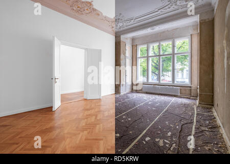 Stanza vuota, appartamento di lusso / appartamento in edificio storico con pavimento in legno e stucco Foto Stock