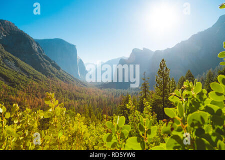 Vista panoramica del famoso Parco Nazionale di Yosemite Valley vista di tunnel in bella la luce del mattino al sorgere del sole in estate, il Parco Nazionale di Yosemite, Mariposa County, STATI UNITI D'AMERICA Foto Stock