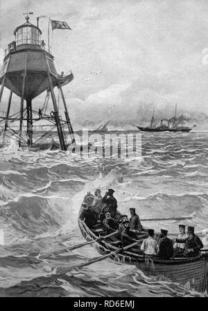 Viaggio di ispezione per la Chapman Lighthouse nell'estuario del Tamigi da una barca da Trinity House a Londra, Inghilterra, storico Foto Stock