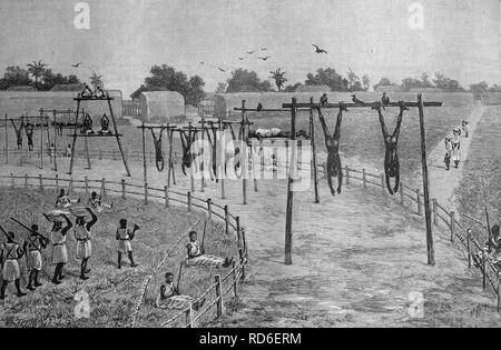 Guerra Franco-Dahomean, sorge con cadaveri sacrificati al dio della guerra, Abomey, Dahomey, Africa, illustrazione storico circa Foto Stock