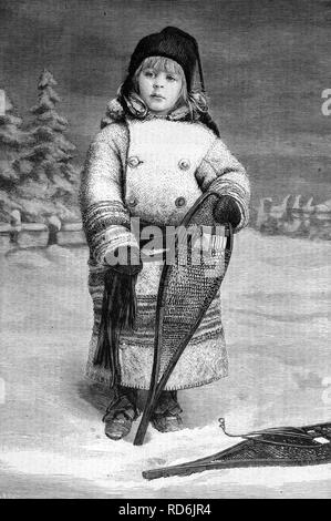 Ragazza canadese con le racchette da neve, storica immagine, 1883 Foto Stock