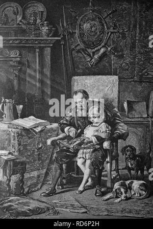 Padre che mostra una balestra al suo bambino, storico, illustrazione, circa 1886 Foto Stock