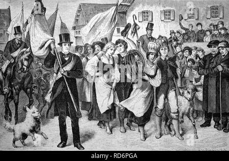 Hahnentanz, una danza con acqua equilibrato sul loro capo, annunciando il vincitore, Markgroeningen, Germania, illustrazione storico Foto Stock