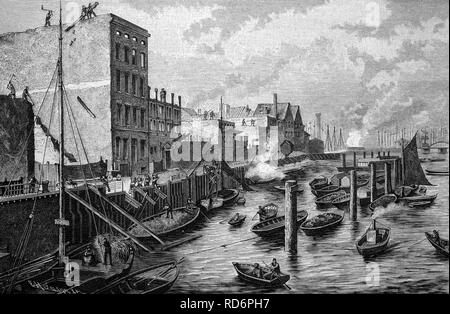La costruzione del porto franco di Amburgo, Germania, storico illustrazione, circa 1886 Foto Stock
