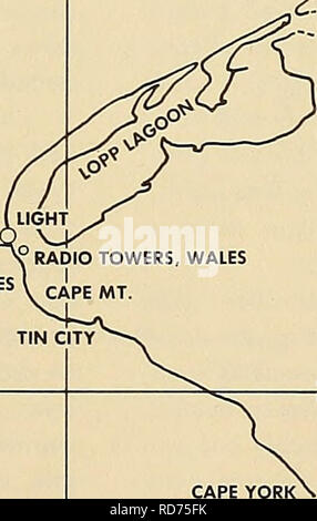 . Corrente, temperatura di marea, e la crescita del ghiaccio misurazioni, orientale Strait-Cape Bering Principe di Galles : 1953-55. Oceanografia; oceanografia; correnti oceaniche. Introduzione di uno dei progetti principali presso il Capo Principe di Galles stazione di campo, il Galles, Alaska è la con- tinuing e long range studio del trasporto di volumi di acqua attraverso la parte orientale dello Stretto di Bering, l'acqua oscillazioni di temperatura durante tutto l'anno, l'effetto dei fenomeni meteorologici e delle maree sulla rete di trasporto di acqua, e l'eccesso di tutto rispetto alla distribuzione del ghiaccio. L'intento non è l'evoluzione di un esteso per ghiaccio Foto Stock