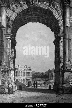 Arco di Tito e il Colosseo a Roma, Italia, storico illustrazione, circa 1886 Foto Stock