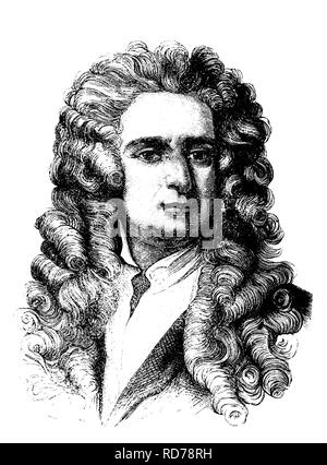 Isaac Newton, 1643 - 1727, naturalista inglese, storico xilografia, circa 1880 Foto Stock