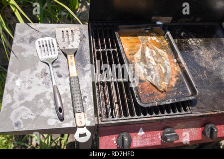 La Passera pianuzza essendo cotti sul barbeque Foto Stock