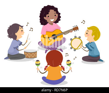 Illustrazione di Stickman Kids di riproduzione di musica in un cerchio con la chitarra, percussioni tamburello e maracas Foto Stock