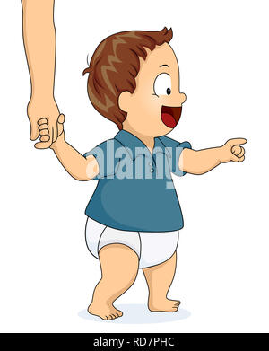 Illustrazione di un capretto Toddler Boy tenendo il suo genitore e che punta a qualcosa di fronte a lui Foto Stock