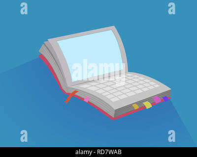 Illustrazione di un libro aperto con i segnalibri e design portatile Foto Stock
