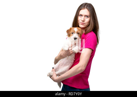 Bella ragazza con terrier cucciolo Foto Stock