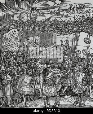 La riunione dopo la battaglia di speroni (Enrico VIII d'Inghilterra e l'imperatore Massimiliano I). 1513. Silografia di Albrecht Dürer. Foto Stock