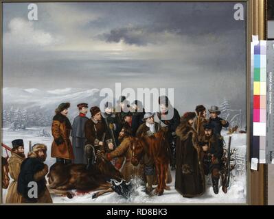 Cacciatori dietro un'alce morta. Museo: A. Pushkin Memorial Museum, San Pietroburgo. Autore: ANONIMO. Foto Stock