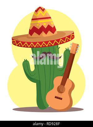 Impianto di cactus con cappello e chitarra per il giorno dei morti Illustrazione Vettoriale