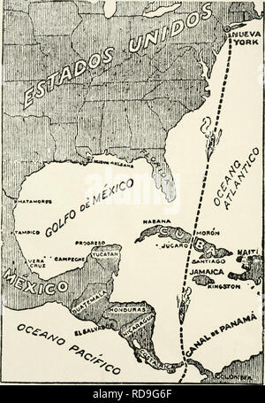 . La revisione di Cuba. 14 LA CUBA rivedere tutti intorno a Cuba. Mappa che mostra percorso diretto da New York al Canale di Panama a titolo della proposta di vie navigabili di tutta Cuba interessante progetto canale qualche tempo fa abbiamo annunciato l'idea, quindi molto recenti, dice l'Avana Luchn della possibilità di andare in treno da New York a Santiago de Cuba e il suggerimento che a molti sembrava fantastica, ora è così vicino al punto di essere reahzed che ci rimane solo la finitura di alcune speciali galleggianti per la completa esecuzione di questa audace progetto. La notevole facihty che completato questo grande lavoro è encour Foto Stock