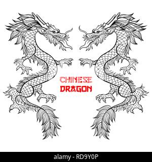 Due draghi cinesi disegnati a mano illustrazione vettoriale. Una creatura mitica inchiostro della penna sketch. In bianco e nero di clipart. Serpente disegno a mano libera. Monocromatico isolato mythic elemento di design. Anno Nuovo Cinese poster Illustrazione Vettoriale