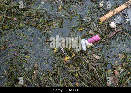 Scartata la spazzatura che si trova lungo il fiume Lea in Londra, Regno Unito Foto Stock