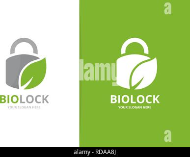 Blocco del vettore e foglia di combinazione di logo. Di sicuro ed eco di simbolo o icona. Lucchetto univoco e logotipo organico modello di disegno. Illustrazione Vettoriale