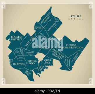 Città moderna mappa - Irvine California città degli Stati Uniti con i quartieri e titoli Illustrazione Vettoriale