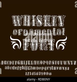 Il whiskey ornamentali font. Disegnata a mano lettere e numeri in stile vintage. Illustrazione Vettoriale. Illustrazione Vettoriale