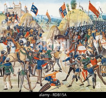 La battaglia di Crécy il 26 agosto 1346 (miniatura di Grandes Chroniques de France di Jean Froissart). Museo: BIBLIOTHEQUE NATIONALE DE FRANCE. Autore: anonimo. Foto Stock